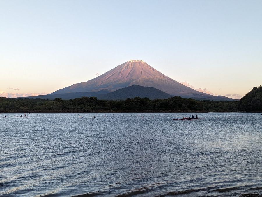 Mount Fuji catching the last pink light of the day above Lake Shojiko, photographed on one of our own trips